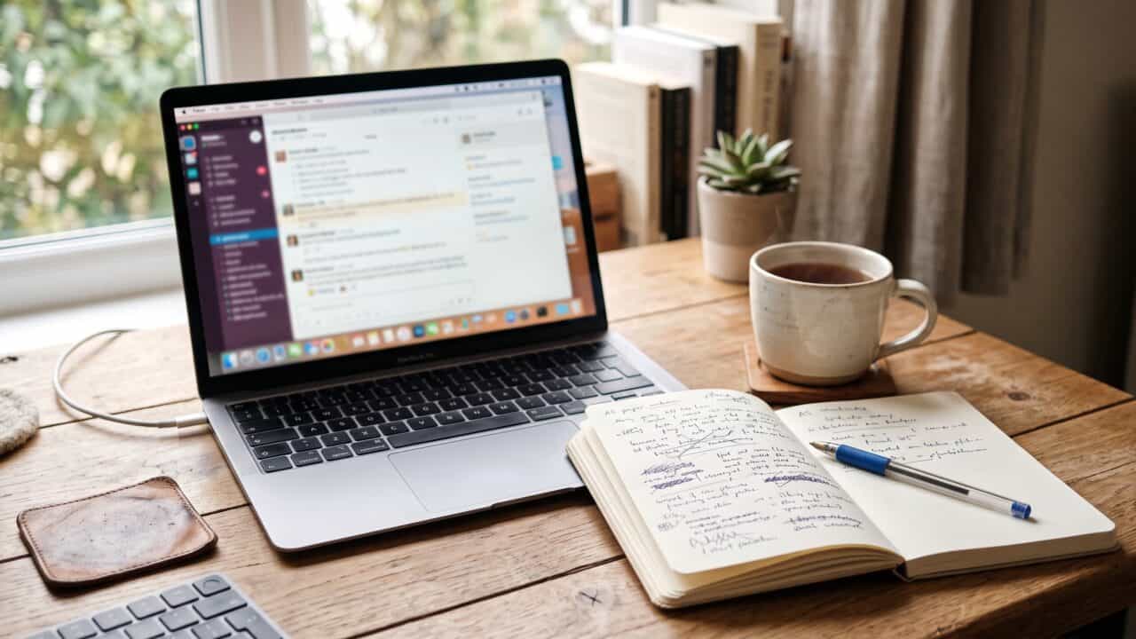 Intelligenza artificiale per copywriter: scrivania con laptop e taccuino di appunti scritti a mano