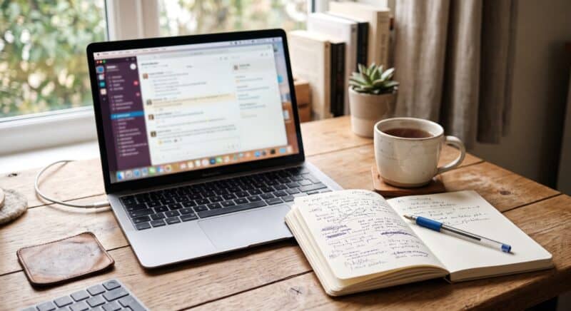 Intelligenza artificiale per copywriter: scrivania con laptop e taccuino di appunti scritti a mano